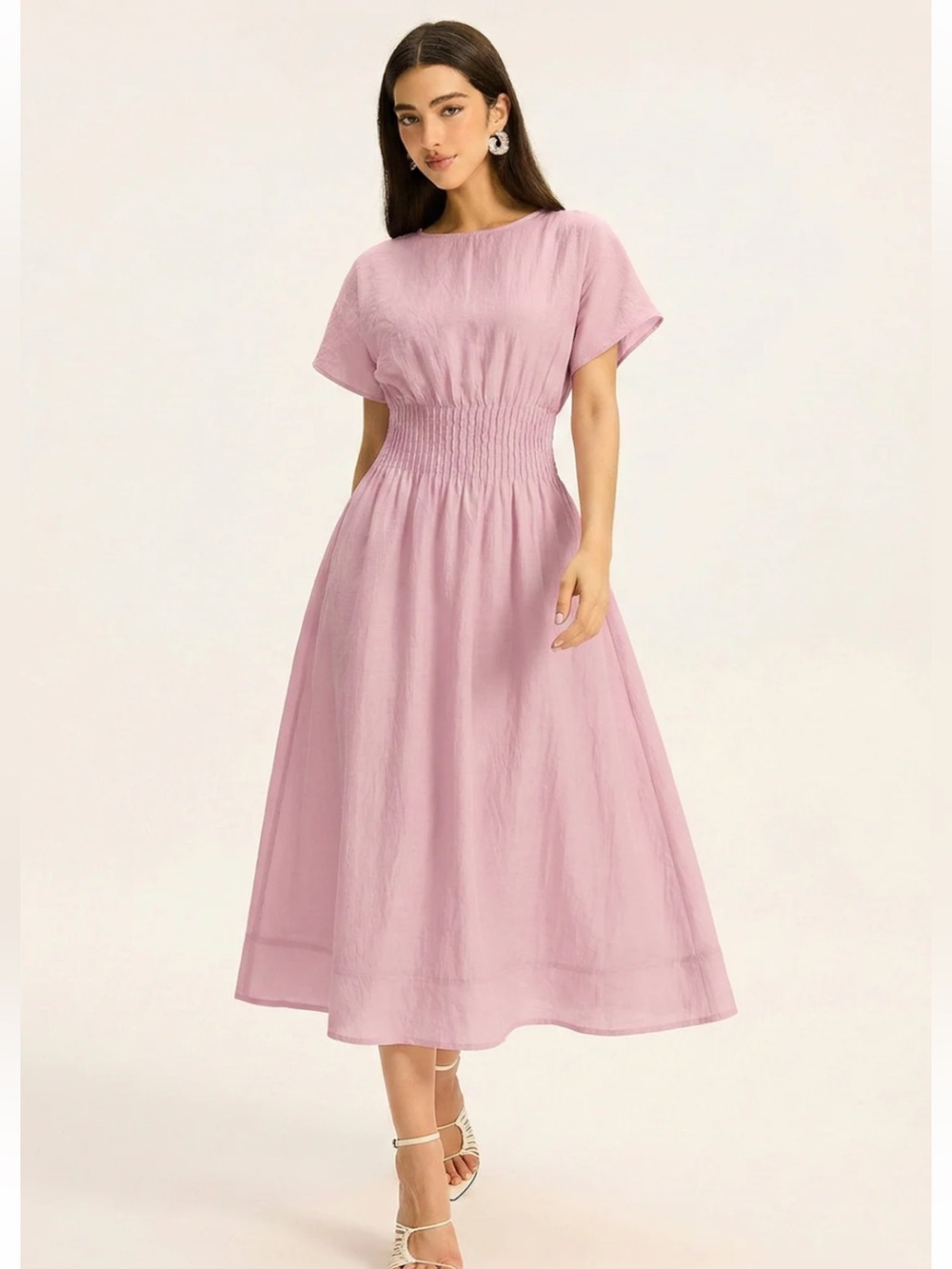 NWT Commense Women's Pink Short Sleeve Smocked Waist Midi Dress